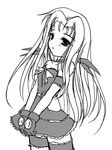  asclepius bow frapowa frills gem gloves greyscale long_hair looking_at_viewer lutecia_alpine lyrical_nanoha magical_girl mahou_shoujo_lyrical_nanoha_strikers monochrome simple_background solo standing thigh_strap thighhighs very_long_hair white_background zettai_ryouiki 