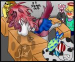  anthro breasts canid canine canis classroom cleavage clothed clothing domestic_dog female fur hair legwear mammal messy_hair purple_fur red_hair school school_uniform skirt slw stockings thong uniform watermelon_wine 