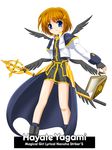 black_wings blue_eyes blush book brown_hair cropped_jacket fingerless_gloves flipper gloves hair_ornament jacket lyrical_nanoha magical_girl mahou_shoujo_lyrical_nanoha_strikers open_clothes open_jacket schwertkreuz short_hair skirt solo staff tome_of_the_night_sky waist_cape wings x_hair_ornament yagami_hayate 