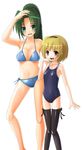  :d age_difference arm_up armpits bangs bikini black_legwear blonde_hair blue_bikini blush bow bow_legwear breasts child cleavage flat_chest green_eyes green_hair hairband hand_to_own_mouth higurashi_no_naku_koro_ni houjou_satoko large_breasts long_hair long_legs looking_at_viewer multiple_girls naughty_face navel one-piece_swimsuit open_mouth parted_bangs patricia_(stylish_marunage) ponytail red_eyes school_swimsuit shading_eyes shiny shiny_clothes short_hair side-tie_bikini smile sonozaki_mion standing swimsuit thigh_gap thighhighs underboob 