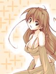  :o bra breasts brown_bra brown_hair cleavage copyright_request detached_sleeves large_breasts long_hair long_sleeves looking_at_viewer open_mouth sitting solo uemoto_masato underwear very_long_hair 