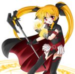  arm_belt bardiche belt blonde_hair cape fate_testarossa fingerless_gloves flipper gloves hair_ribbon long_hair lyrical_nanoha magic_circle magical_girl mahou_shoujo_lyrical_nanoha miniskirt red_eyes ribbon single_fingerless_glove single_glove skirt solo thighhighs twintails zettai_ryouiki 