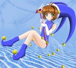  blue_hat blue_leotard brown_hair cardcaptor_sakura elbow_gloves flipper full_body fuuin_no_tsue gem gloves green_eyes hat holding holding_wand jester_cap kinomoto_sakura leotard looking_at_viewer magical_girl pom_pom_(clothes) short_hair solo sphere wand white_gloves 