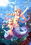  :d :o \o/ angelfish animal arms_around_waist arms_up blonde_hair blush_stickers braid breasts coral crown fins fish hanpen head_fins lens_flare long_hair mermaid monster_girl multiple_girls nipples no_nose nude open_mouth original outstretched_arms scales small_breasts smile sun tiara twin_braids underwater very_long_hair 