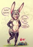  2018 anthro assertive big_ears clothed clothing dialogue disney feet female fur grey_fur judy_hopps lagomorph legwear mammal nude pink_nose public purple_eyes pussy rabbit showing socks traditional_media_(artwork) white_fur yourfavoritelemonade zootopia 