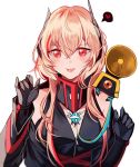  1girl bangs bare_shoulders black_jacket black_jumpsuit blonde_hair blush breasts eyebrows_visible_through_hair fangs girls_frontline gloves gradient_hair hair_between_eyes hands_up headgear heart jacket jumpsuit long_hair long_sleeves looking_at_viewer m4_sopmod_ii_(girls_frontline) medium_breasts mod3_(girls_frontline) multicolored_hair off_shoulder open_mouth red_eyes red_hair ribbon ro635_(dinergate) sidelocks silence_girl simple_background smile solo spoken_heart streaked_hair upper_body white_background 