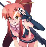  anti-materiel_rifle belt bikini_top breasts elbow_gloves fingerless_gloves gloves grin gun hair_ornament hairclip iwai_ryou large_breasts leaning_forward long_hair ponytail red_hair rifle shooting_glasses short_shorts shorts skull_hair_ornament smile sniper_rifle solo sunglasses tengen_toppa_gurren_lagann thighhighs weapon yellow_eyes yoko_littner 