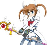  bow english failure fingerless_gloves flipper gloves lyrical_nanoha magazine_(weapon) magical_girl mahou_shoujo_lyrical_nanoha mahou_shoujo_lyrical_nanoha_a's mahou_shoujo_lyrical_nanoha_strikers purple_eyes raising_heart red_bow red_hair solo takamachi_nanoha thighhighs twintails waist_cape zettai_ryouiki 