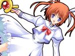  dress lyrical_nanoha magical_girl mahou_shoujo_lyrical_nanoha matsuzaki_tokiko purple_eyes raising_heart red_hair solo takamachi_nanoha white_dress 