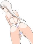  albino ass back bikini butt_crack cameltoe casual_one-piece_swimsuit dutch_angle fate/stay_night fate_(series) from_behind long_hair looking_back one-piece_swimsuit one-piece_thong profile red_eyes sella shinama simple_background solo standing sweatdrop swimsuit thong_bikini white_hair white_swimsuit 