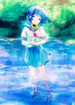  blue_eyes blue_hair flower original osamu river school_uniform serafuku short_hair solo sunflower wading water 