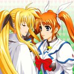  blonde_hair bow cape closed_eyes fate_testarossa fingerless_gloves gloves lyrical_nanoha magical_girl mahou_shoujo_lyrical_nanoha_strikers multiple_girls purple_eyes red_bow red_hair shirogane_kihen takamachi_nanoha twintails 