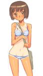  bag bikini brown_eyes brown_hair copyright_request head_tilt looking_at_viewer nagy navel one-piece_tan parted_lips short_hair simple_background solo standing striped striped_bikini swimsuit tan tanline white_background wide_hips 