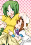  blush breast_grab breasts brown_hair closed_eyes grabbing green_eyes green_hair hat higurashi_no_naku_koro_ni hug medium_breasts multiple_girls polka_dot polka_dot_background ponytail ribbon ryuuguu_rena shiratama_yomogi sonozaki_mion take_it_home 