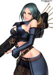  alicia_(bullet_witch) bare_shoulders breasts bullet_witch detached_sleeves green_eyes green_hair gun half-skirt large_breasts midriff mole mole_under_eye ryu_(ryu's_former_site) see-through short_hair simple_background solo weapon 