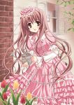  :d brown_eyes brown_hair chin_strap dress flower frilled_dress frills holding leaning_forward lolita_fashion long_hair long_sleeves looking_at_viewer open_mouth original pink_dress ribbon-trimmed_clothes ribbon_trim smile solo sweet_lolita tulip very_long_hair watering_can window yukiwo 