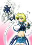  artist_request blonde_hair cosplay fingerless_gloves gauntlets gloves headband lyrical_nanoha magical_girl mahou_shoujo_lyrical_nanoha_strikers midriff revolver_knuckle shamal single_fingerless_glove single_gauntlet solo subaru_nakajima subaru_nakajima_(cosplay) waist_cape 