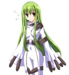  bangs bodysuit c.c. code_geass covered_navel cowboy_shot green_hair long_hair long_sleeves looking_at_viewer robe sidelocks simple_background skin_tight sleeves_past_wrists solo standing tamagawa_yukimaru white_background white_bodysuit wide_sleeves yellow_eyes 