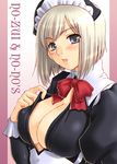  bangs blue_eyes blush border bow bowtie breasts buttons cleavage covered_nipples kanesada_keishi large_breasts lips lipstick looking_at_viewer maid maid_headdress makeup no_bra open_clothes open_shirt original parted_bangs shirt short_hair silver_hair solo undressing upper_body 