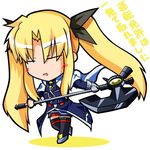  bardiche belt blonde_hair cape chibi closed_eyes coat fate_testarossa gauntlets kajun long_hair lowres lyrical_nanoha magical_girl mahou_shoujo_lyrical_nanoha_strikers single_gauntlet solo thighhighs translation_request twintails 