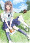  black_legwear book brown_hair cloud day fuyuno_haruaki grass long_hair looking_at_viewer lying multiple_girls obentou original outdoors power_lines school_uniform shoes short_sleeves sitting skirt sky sneakers speaker v_arms white_legwear 