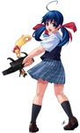  alternate_costume bag blue_eyes blue_hair days_of_memories fatal_fury ferret futaba_hotaru gato_(snk) itokatsu_(garou) mark_of_the_wolves mascot mizuki_gyokuran school_bag school_uniform smile snk socks twintails 