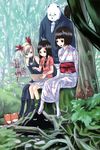  :d bangs black_hair blonde_hair blunt_bangs braid crescent forest japanese_clothes kimono long_sleeves lowres multiple_girls nature open_mouth original plant sash single_braid sitting smile socks tabi thighhighs tomihero tree white_legwear wide_sleeves 