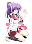  bow breasts cleavage copyright_request covered_nipples eating food hair_bow kneeling medium_breasts phallic_symbol ponytail popsicle puffy_nipples purple_eyes purple_hair school_uniform shoes sikorsky socks solo wet wet_clothes 
