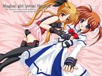  ass black_gloves black_legwear blonde_hair blue_eyes blush bow bowtie brown_hair dress elbow_gloves fate_testarossa fingerless_gloves from_above gloves juliet_sleeves long_sleeves looking_at_viewer lying lyrical_nanoha mahou_shoujo_lyrical_nanoha multiple_girls on_side puffy_sleeves red_bow red_eyes red_neckwear scarlet takamachi_nanoha thighhighs twintails uniform white_dress yuri 
