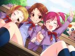  arm_up bench black_legwear blonde_hair brown_eyes brown_hair coco_(yes!_precure_5) drooling grin hair_bobbles hair_ornament kasugano_urara_(yes!_precure_5) kasukabe_akira kneehighs l'ecole_des_cinq_lumieres_school_uniform multiple_girls natsuki_rin nuts_(yes!_precure_5) one_eye_closed pink_hair precure purple_skirt saliva school_uniform short_hair skirt smile twintails two_side_up yes!_precure_5 yumehara_nozomi 