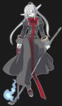  androgynous black_background bow bowtie coat fantasy fire flame kuze_(ira) long_hair looking_at_viewer original pale_skin pointy_ears red_bow red_eyes red_neckwear silver_hair simple_background solo standing twintails 