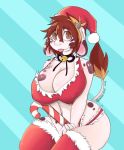 anthro aronhilistix bovine breasts candy candy_cane cattle christmas clothing curvaceous female food hat holidays legwear looking_at_viewer mammal nipple_bulge santa_hat smile solo thigh_highs 