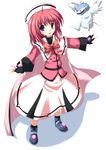  ahoge bad_anatomy beret blue_eyes boots bow cape caro_ru_lushe coat creature dragon fingerless_gloves friedrich full_body gloves hat kerykeion long_hair looking_at_viewer lyrical_nanoha magical_girl mahou_shoujo_lyrical_nanoha_strikers odayan outstretched_arms pink_bow pink_hair skirt smile solo spread_arms standing uniform 