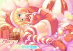  blonde_hair blue_eyes christmas christmas_stocking copyright_request gift hat lying on_side santa_costume santa_hat solo striped striped_legwear thighhighs uehiro 