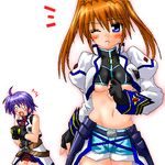  2girls ;( ahoge belt blue_eyes blush breasts buckle cosplay costume_switch empty_eyes frown looking_at_viewer lowres lyrical_nanoha mahou_shoujo_lyrical_nanoha_strikers medium_breasts multiple_girls o_o orange_hair purple_hair ryokusuiteien short_shorts shorts simple_background standing subaru_nakajima surprised teana_lanster twintails underboob white_background 