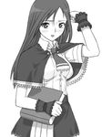  adjusting_hair blush book castlevania castlevania:_portrait_of_ruin charlotte_aulin dress greyscale monochrome necktie shichimenchou solo 