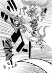  coat comic emphasis_lines fingerless_gloves gloves greyscale koide_yutaka lyrical_nanoha magic_circle magical_girl mahou_shoujo_lyrical_nanoha_strikers monochrome raising_heart skirt solo staff takamachi_nanoha twintails 