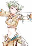  archery armpits bow_(weapon) breasts cleavage cleavage_cutout double_bun fantasy fur fuyuno_haruaki gloves green_hair large_breasts midriff navel ribbon simple_background solo trusty_bell viola_(trusty_bell) weapon white_background 