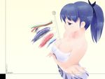  between_breasts blue_hair breast_hold breasts copyright_request flag koinobori large_breasts more ponytail solo 
