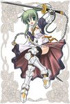  armor fantasy green_eyes green_hair kitamiya_genbu long_hair maid original ponytail solo sword sword_chucks thighhighs weapon zettai_ryouiki 