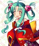  :d ahoge aqua_hair brown_eyes floral_print japanese_clothes kimono long_sleeves looking_at_viewer open_mouth original shiratama_shima sidelocks smile solo upper_body wide_sleeves 