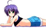  :3 ahoge artist_request breasts clenched_hand denim denim_shorts from_side green_eyes head_rest looking_at_viewer lying lyrical_nanoha mahou_shoujo_lyrical_nanoha_strikers medium_breasts on_stomach purple_hair shirt shirt_lift short_hair shorts sideboob simple_background sleeveless sleeveless_shirt solo subaru_nakajima underboob white_background 