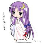  :&lt; chibi crescent crescent_hair_ornament hair_ornament headwear_removed holding holding_pillow jitome long_hair lowres mizuno_kurage nightgown no_hat no_headwear patchouli_knowledge pillow purple_eyes purple_hair ribbon solo touhou translated 