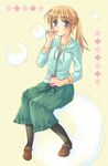  blonde_hair blue_eyes bubble bubble_blowing bubble_pipe hood hood_down hoodie koyuki_(2smj) original pantyhose shoes sitting skirt solo 