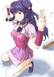  bowl chopsticks food foreshortening fuyuno_haruaki kneeling long_hair no_socks noodles purple_eyes purple_hair ramen ranma_1/2 shampoo_(ranma_1/2) solo 