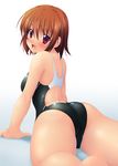  arm_support ass back bangs bare_arms bare_shoulders blush breasts brown_hair competition_swimsuit from_behind hair_between_eyes ishii_akira looking_at_viewer looking_back lying medium_breasts on_stomach one-piece_swimsuit open_mouth original red_eyes short_hair simple_background solo swimsuit 