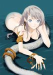  blue_eyes bracelet breasts copyright_request earrings fuyuno_haruaki hanging_breasts jewelry lamia large_breasts long_hair monster_girl nude ring scales silver_hair solo 