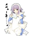  :o alternate_costume apron bangs blue_dress blush cowboy_shot dress eyebrows_visible_through_hair holding holding_pen juliet_sleeves kanikama long_sleeves looking_at_viewer maid maid_headdress nagato_yuki pen puffy_sleeves purple_hair short_hair simple_background solo suzumiya_haruhi_no_yuuutsu white_apron white_background wrist_cuffs yellow_eyes 