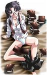  black_hair blue_eyes blush book breasts cameltoe cleavage glasses long_hair medium_breasts messy_hair mikage_nao panties read_or_die skirt solo striped striped_panties underwear undressing vest yomiko_readman 