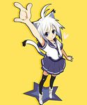  \m/ ahoge animal_ears ankle_boots arm_up black_legwear blue_eyes boots cat_ears heart original outstretched_arm pleated_skirt school_uniform serafuku short_hair skirt solo star tail takano_saki thighhighs white_hair yellow_background zettai_ryouiki 